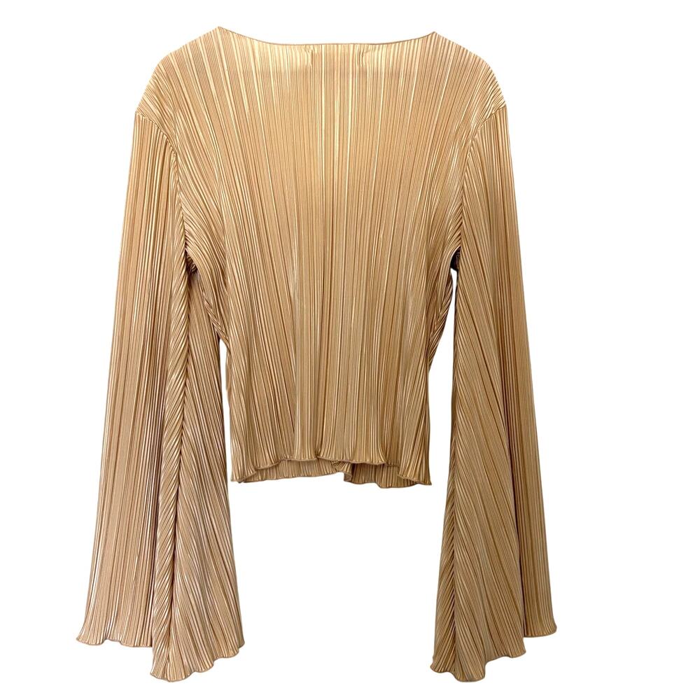 Urban Outfitters Plisse Pleated Blouse Gold Size XL Bell Sleeve Cardigan Y2K - Picture 5 of 8